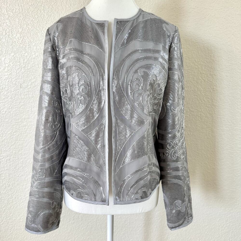 Chico’s Travelers Silver Sequin Mesh Jacket Size 0 S Formal Evening Open Front